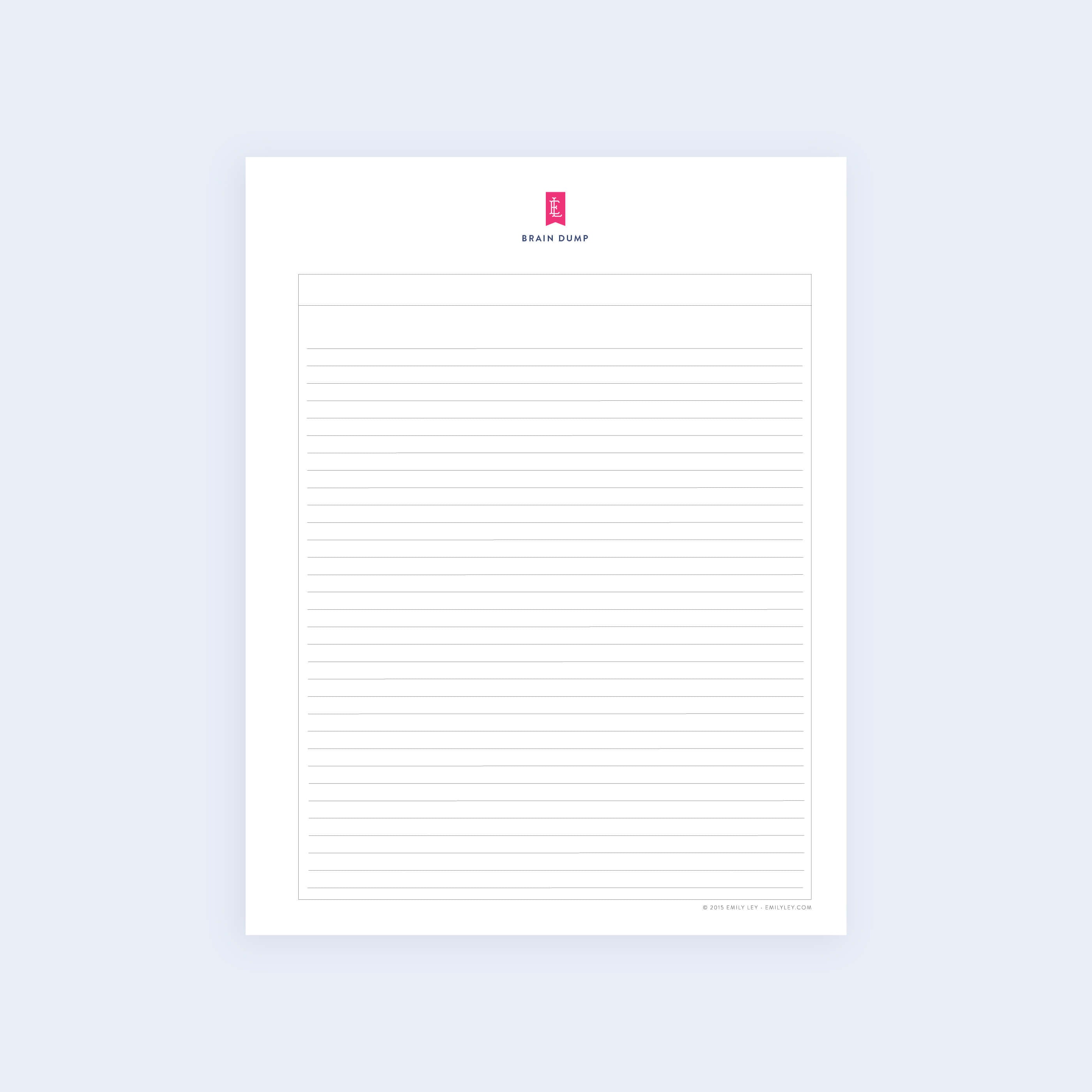 The Lined List - Printable by Simplified is a minimalist, light blue notepad featuring a logo and the text BRAIN DUMP at the top, with lined pages for writing.