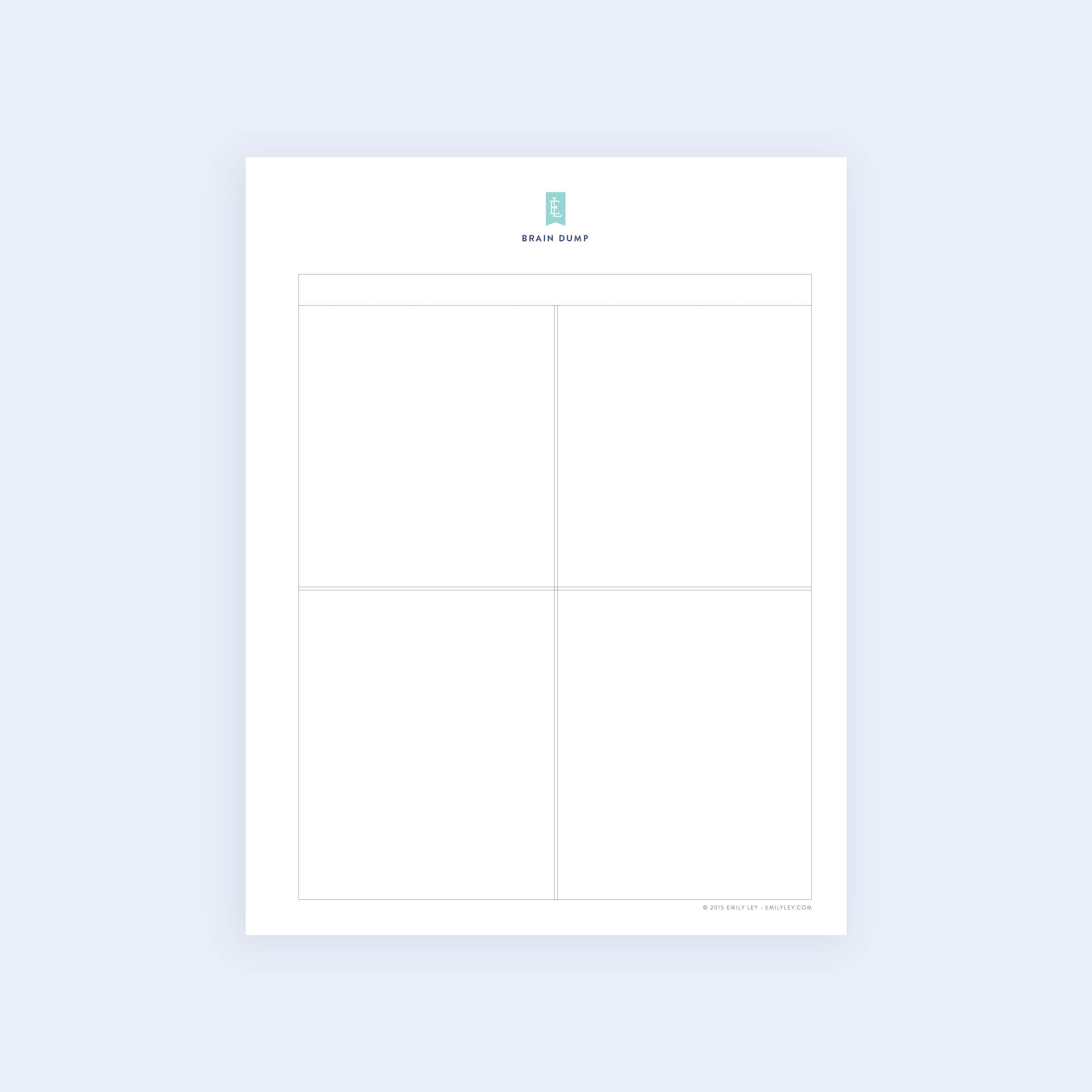 The Quadrants - Printable by Simplified is a minimalist white document titled Brain Dump, featuring a large blank grid divided into four squares with a small blue icon at the top center, all set against a light gray background.