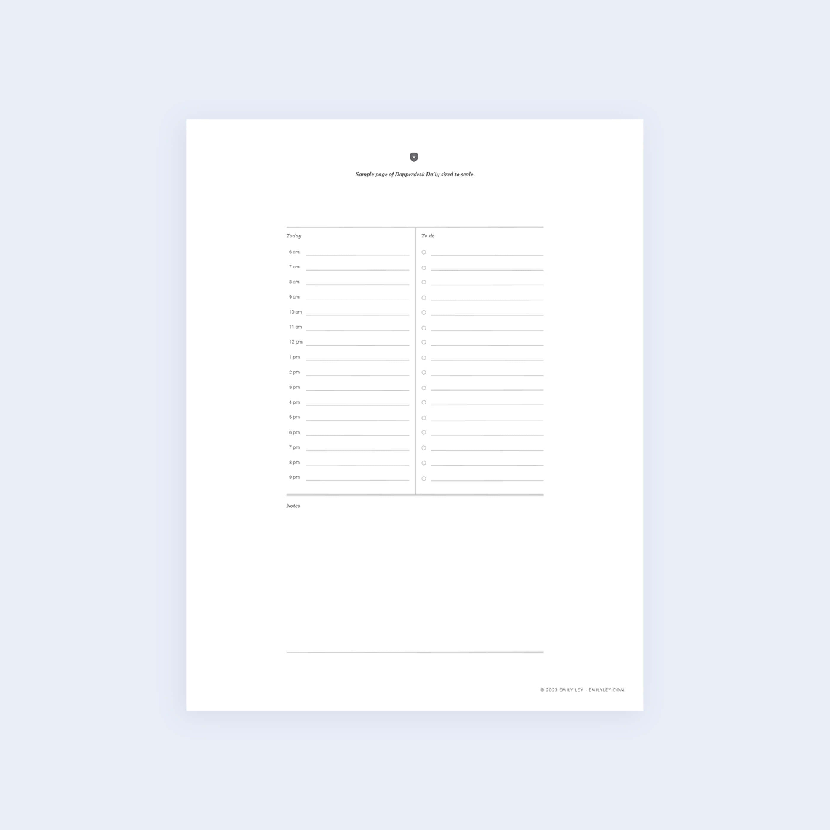 The Daily Dapperdesk Sample Page - Printable from Simplified features a weekly layout with sections for each day, including time slots from 7 AM to 10 PM and a tasks column. A notes section is included at the bottom, and the page is titled Sample Daily Planner.