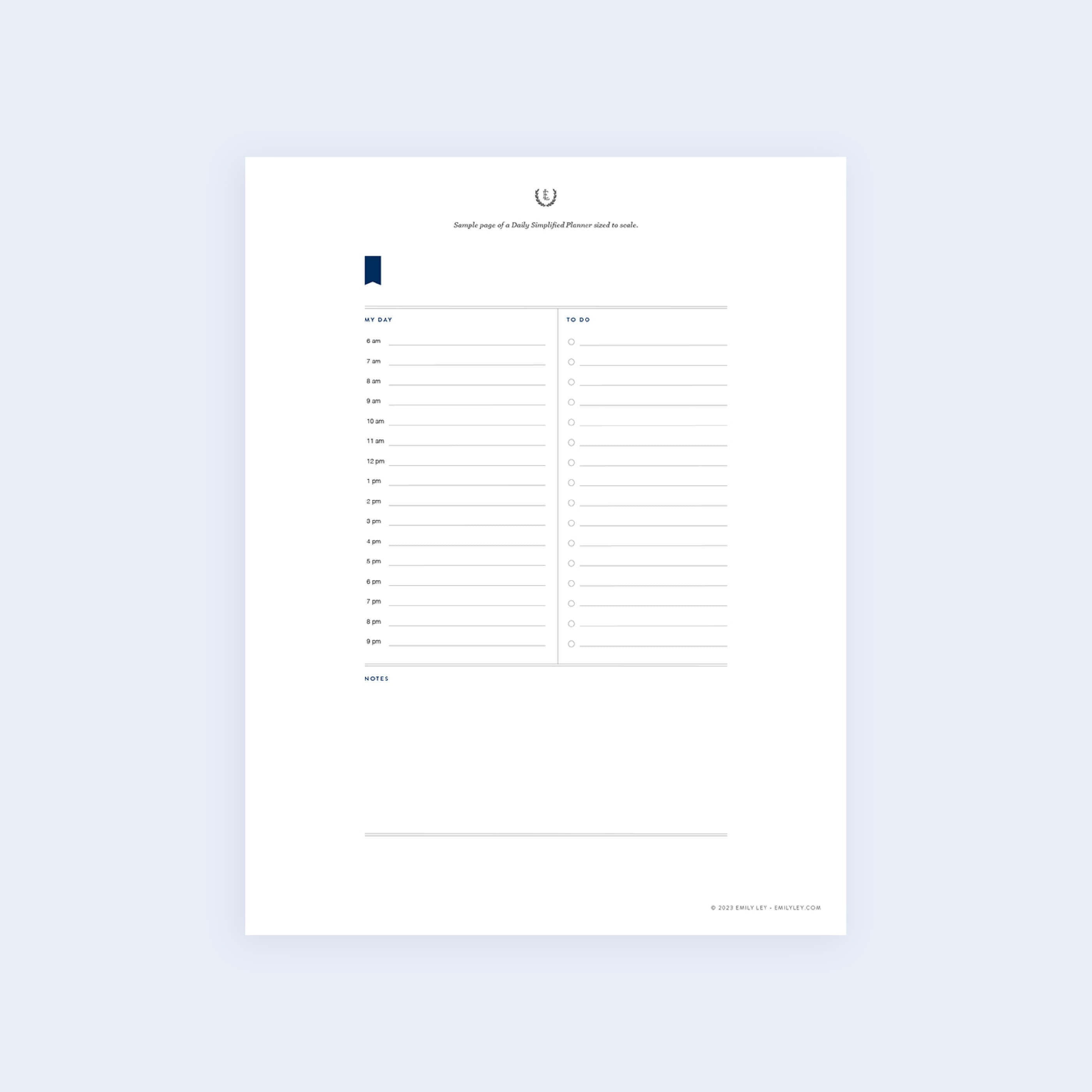 The Daily Simplified Planner Sample Page by Simplified features a minimalist design with a vertical timeline from 5 AM to 9 PM on the left, lines for tasks or notes on the right, and a notes section at the bottom, all accented in blue.