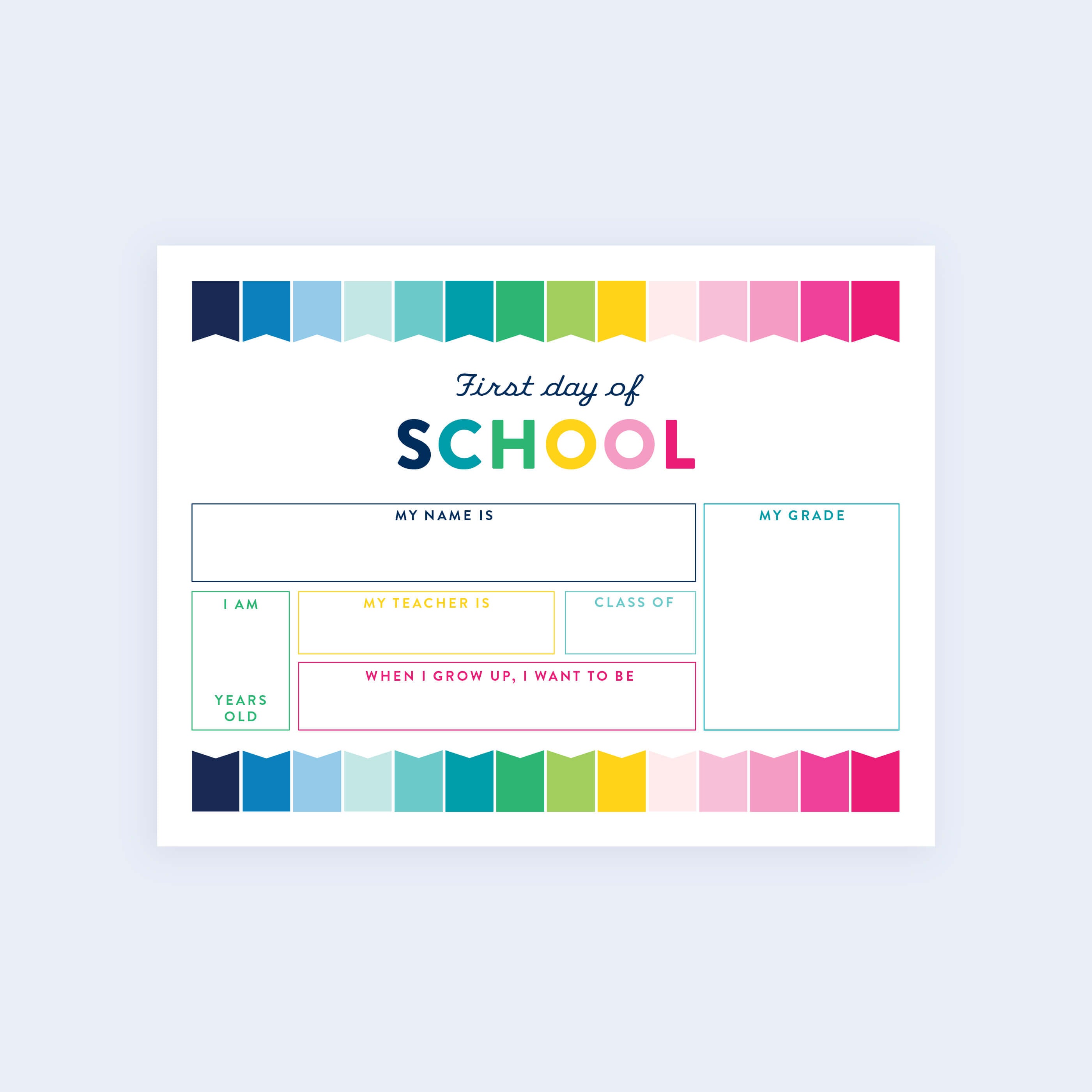 The First Day of School - Printable by Simplified features sections for name, grade, age, teacher, class, and future goals. It has pastel color blocks on the borders for a vibrant start to school.