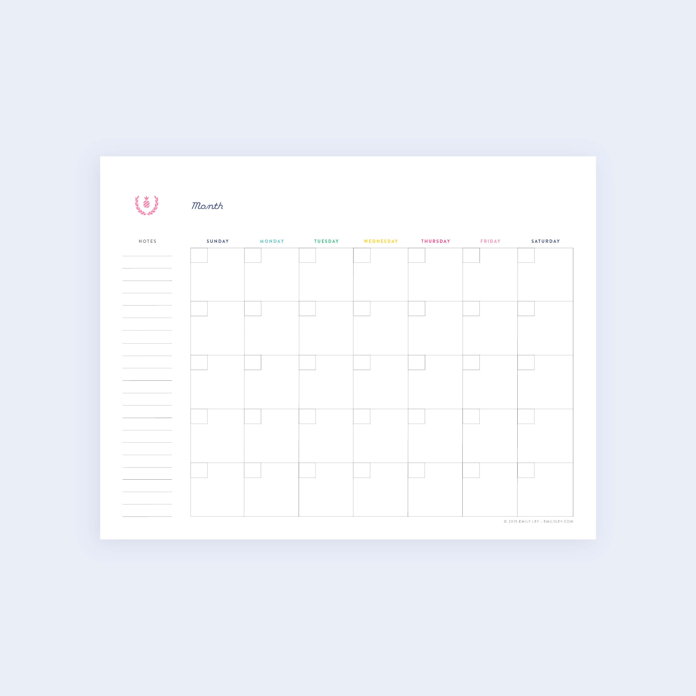 The Simplified Monthly Calendar - Printable features a blank monthly layout with pastel-colored days: pink Sunday, blue Monday, green Tuesday, yellow Wednesday, purple Thursday, red Friday, and pink Saturday. A notes section is conveniently located on the left for additional details.