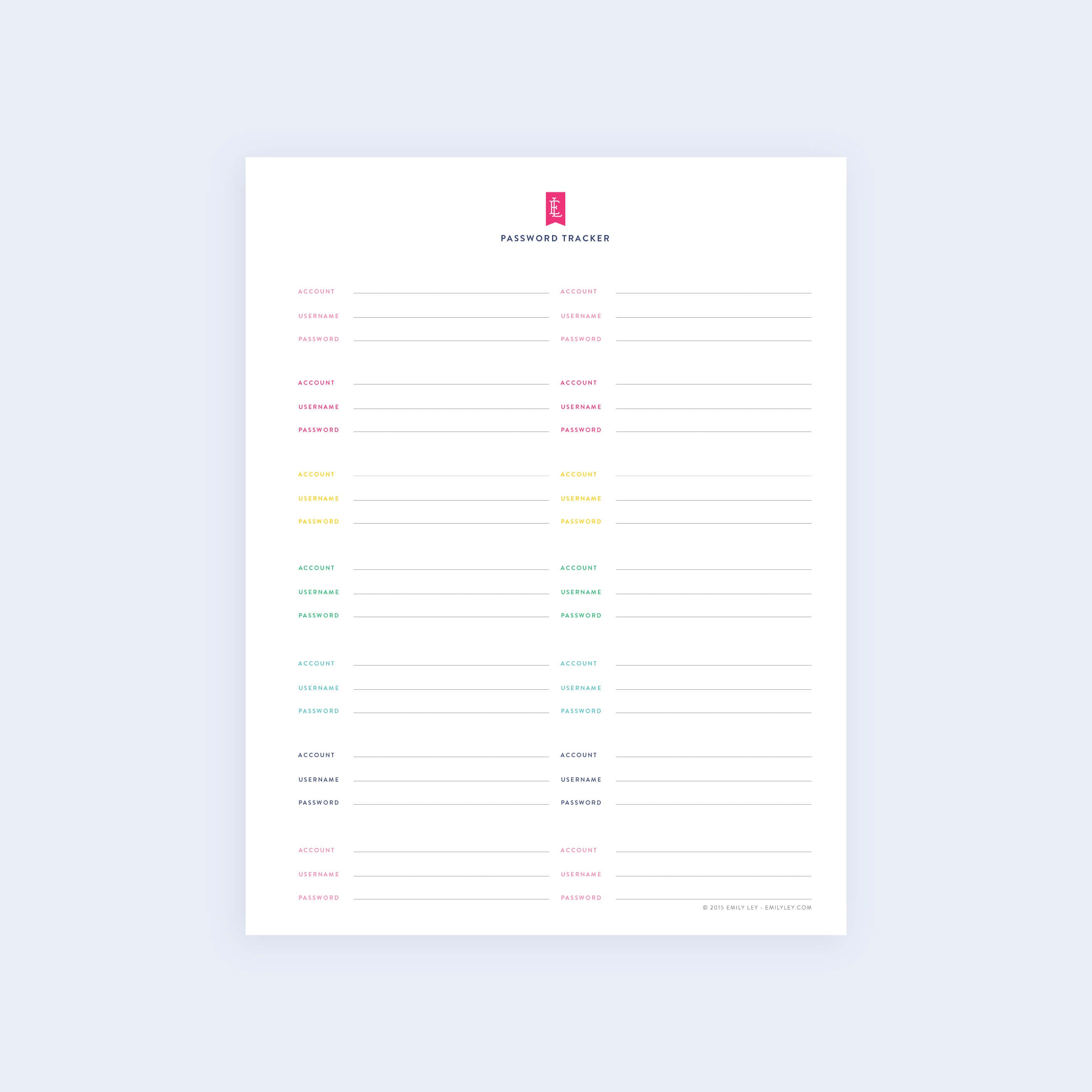 The Simplified Password Tracker - Printable features a light blue background with sections for account names, usernames, and passwords. Each section has colored headings to ensure easy organization.