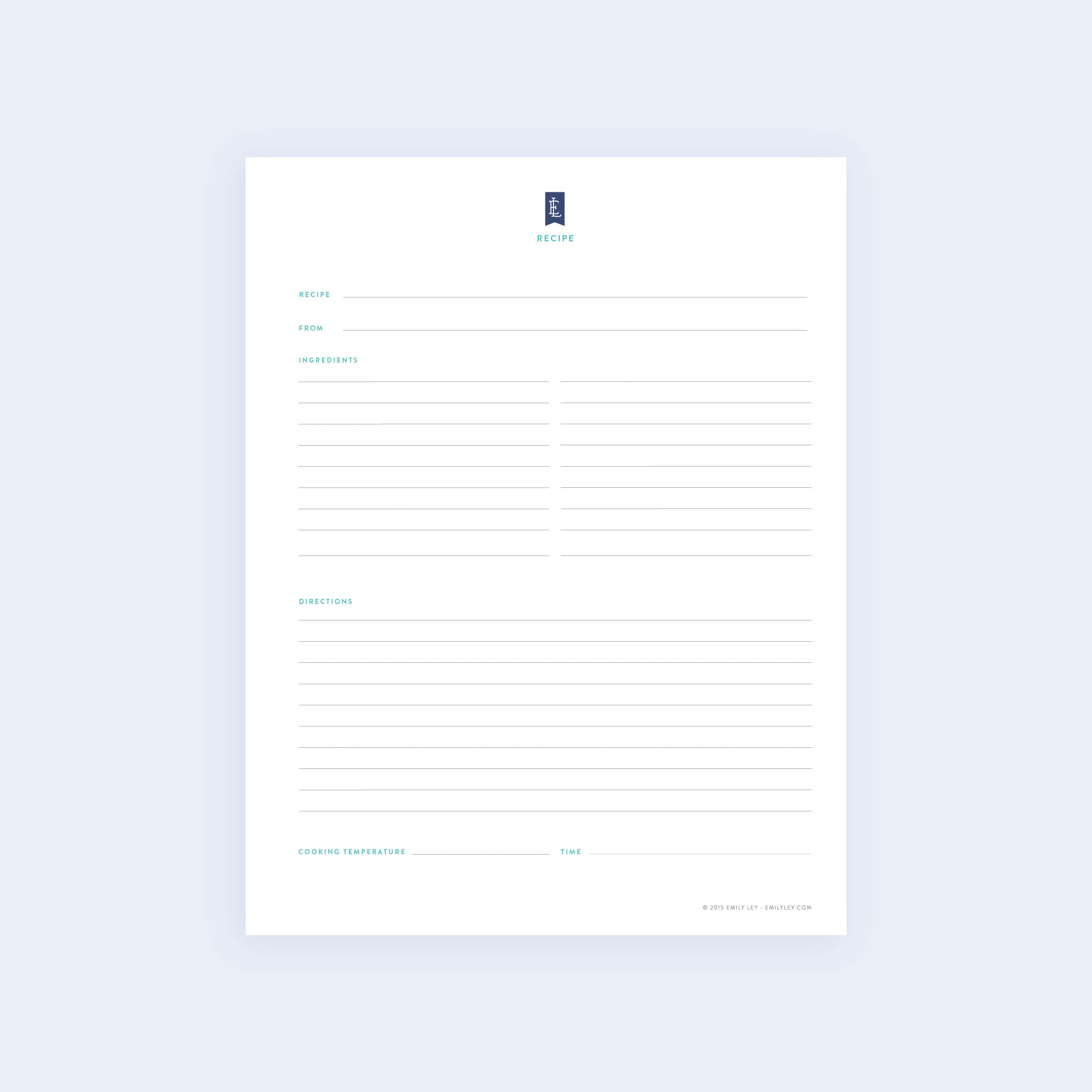 The Simplified Recipe - Printable is a minimalist template on a white background featuring spaces for the recipe title, ingredients, directions, and lines for recipe origin, prep time, and cooking temperature.