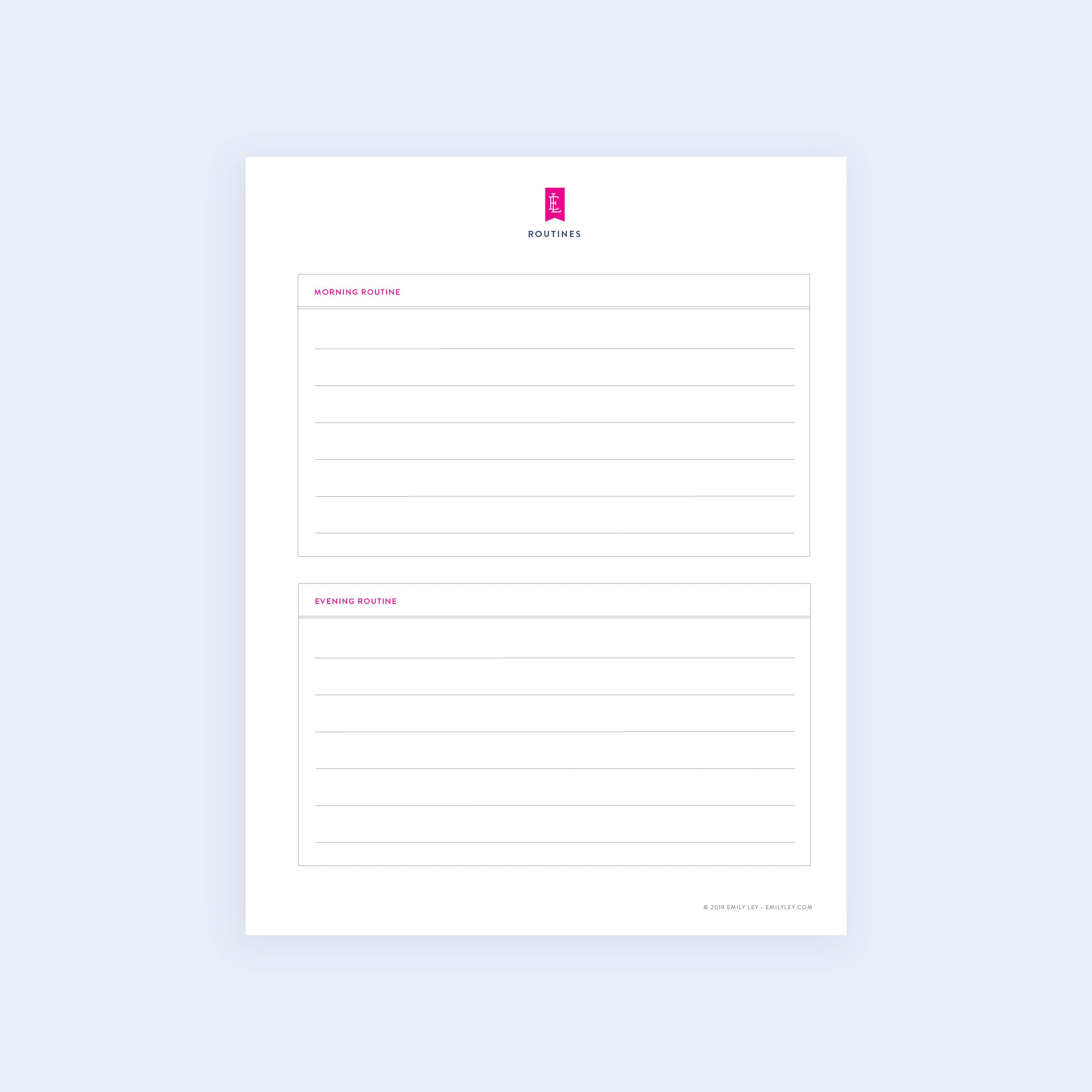 The Routines - Printable by Simplified features a minimalist design with sections for Morning Routine and Evening Routine, each with task lines. It showcases a pink logo and text, set against a light gray background.