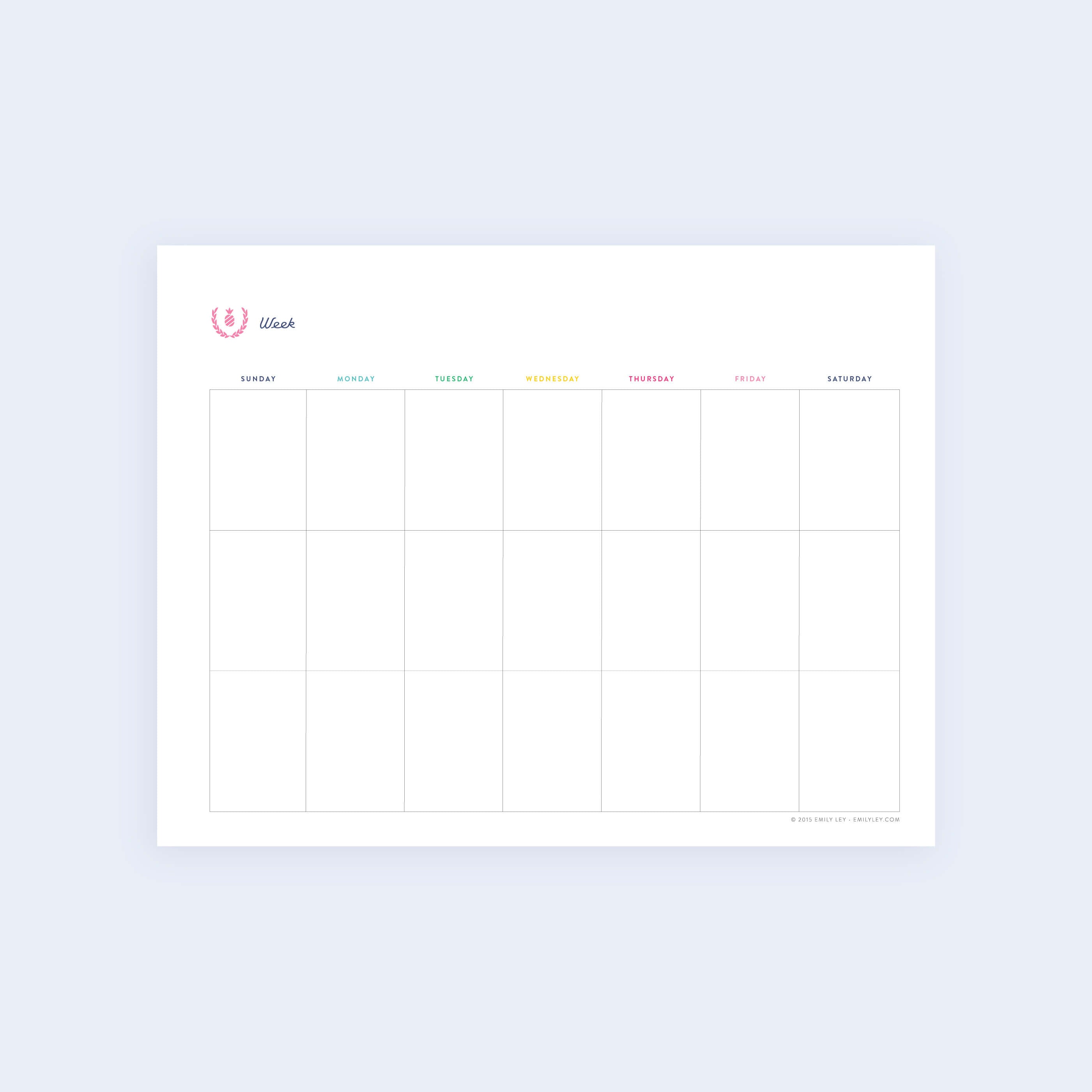 The Simplified Weekly Calendar - Printable features a minimalist design with seven pastel-colored columns (Sunday to Saturday) and spacious, unlined sections. A subtle decorative logo graces the top left corner against a white background.