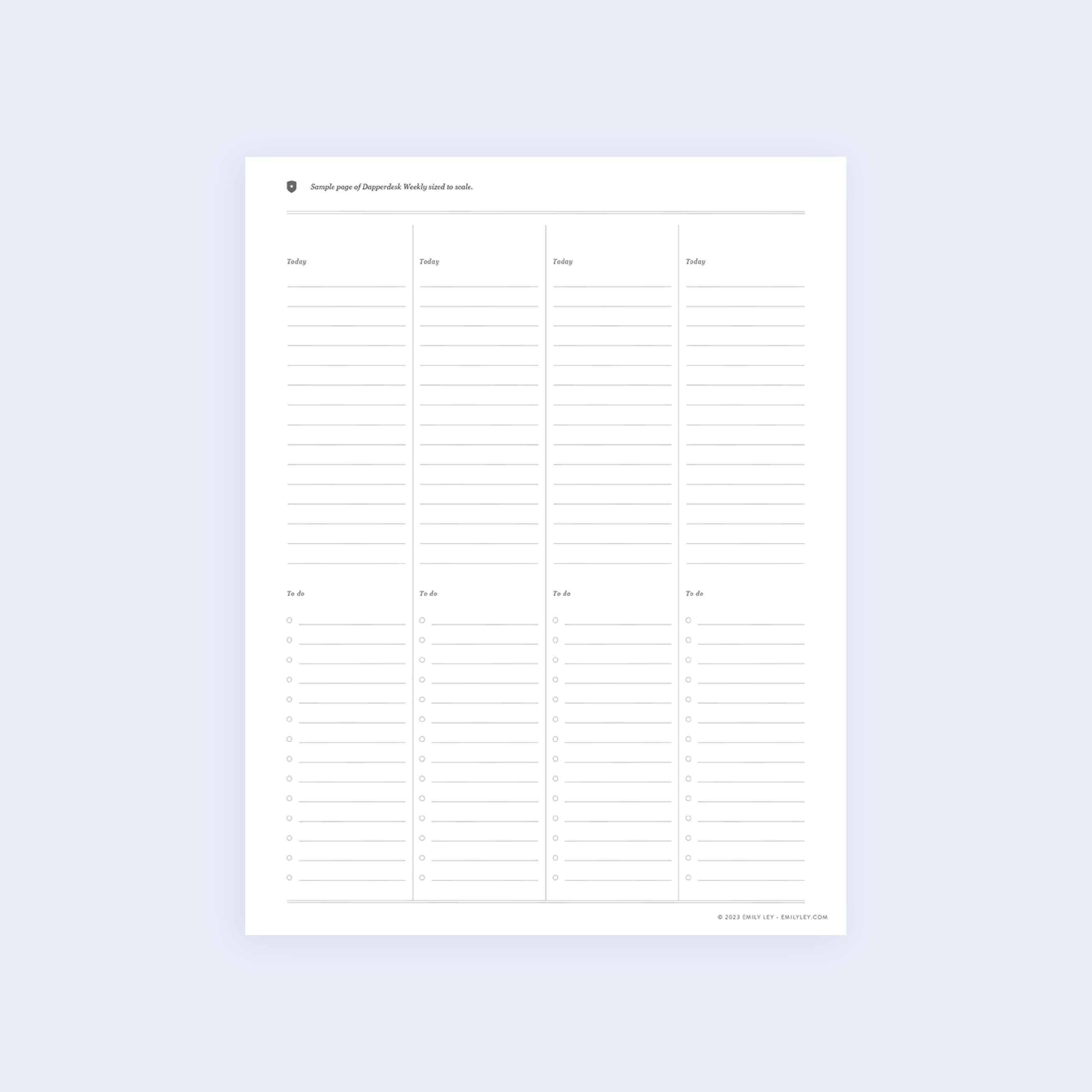 The Simplified Weekly Dapperdesk Sample Page - Printable features a minimalist design with weekday columns for tasks or notes. Each column includes lines and a bottom section with checkboxes for to-do items, all on a plain background.