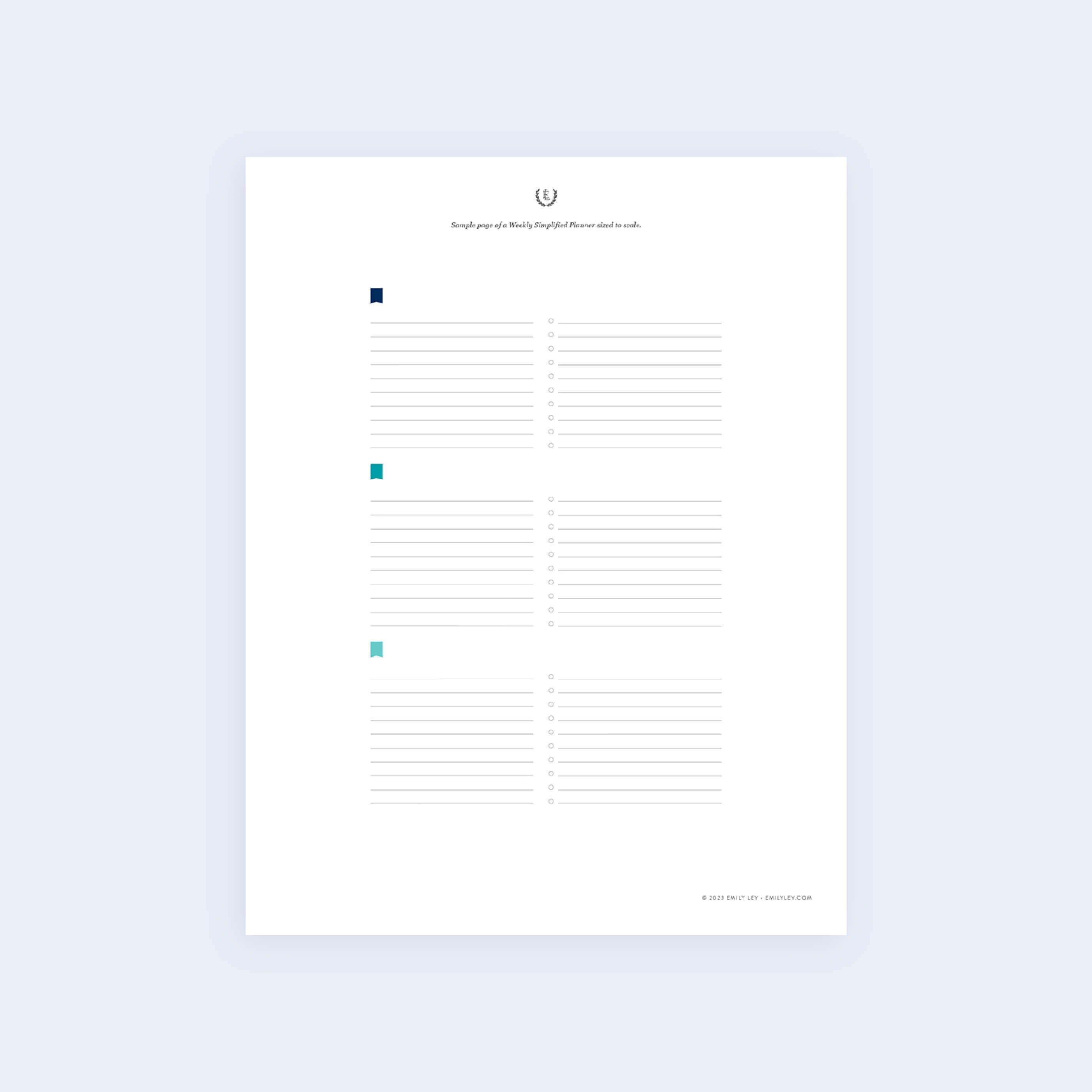 The Weekly Simplified Planner Sample Page by Simplified is a minimalist printable template on a light background, featuring four lined sections with dark blue, blue, teal, and cyan squares on the left for categorization.