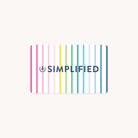 The Digital Gift Card - Teacher Planner by Simplified features vertical stripes in pink, red, yellow, green, blue, and teal on a white background with SIMPLIFIED in dark blue capital letters at the center and a decorative leaf motif on the left. Its a vibrant gift card perfect for any teacher.