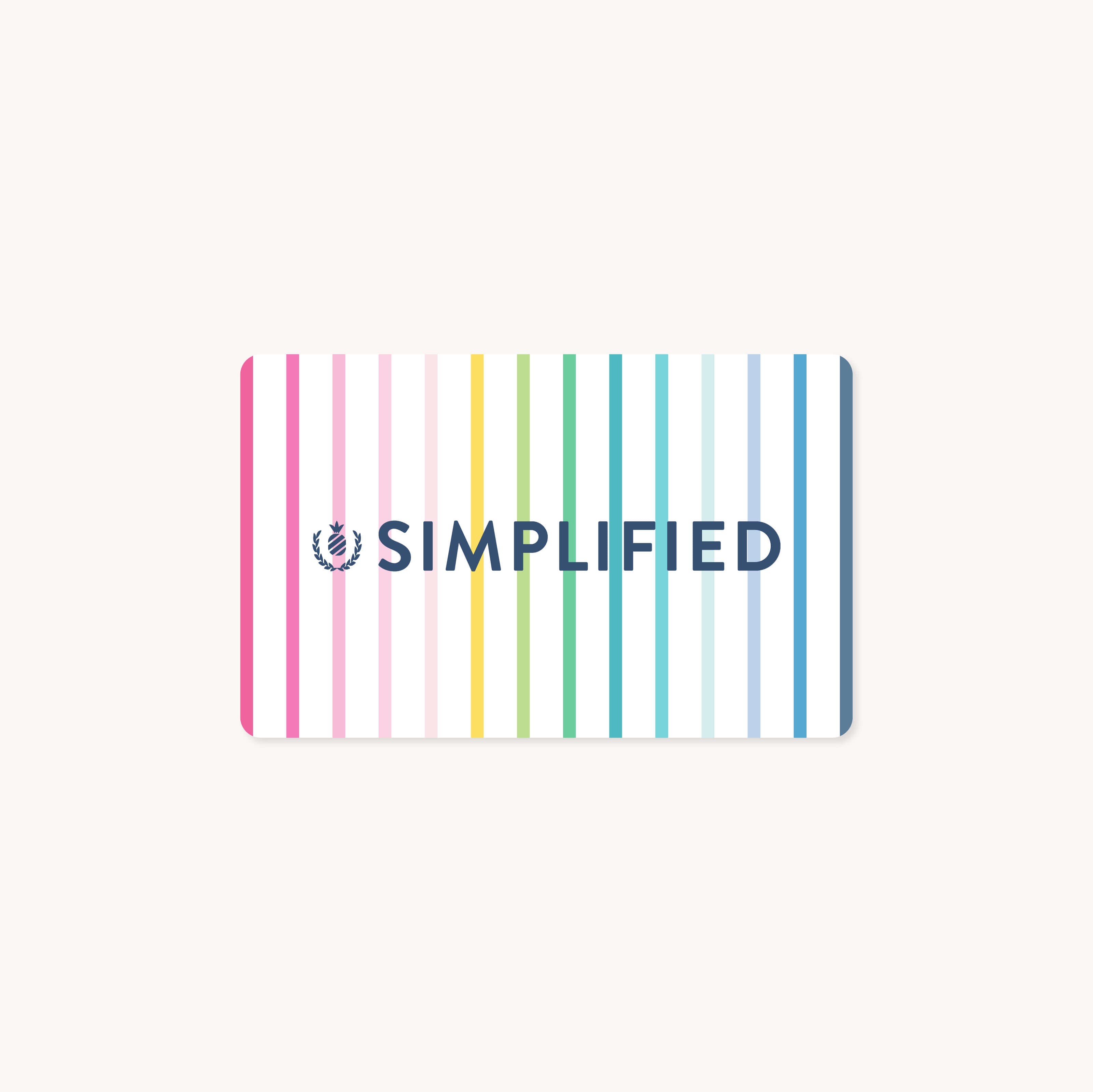 The Digital Gift Card - Teacher Planner by Simplified features vertical stripes in pink, red, yellow, green, blue, and teal on a white background with SIMPLIFIED in dark blue capital letters at the center and a decorative leaf motif on the left. Its a vibrant gift card perfect for any teacher.