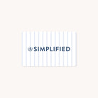 A business card with vertical light gray stripes on a white background features SIMPLIFIED in bold dark blue capitals next to a laurel wreath logo, ideal for those who value organizing and planning. To match, consider the Simplified Digital Gift Card for seamless gifting.