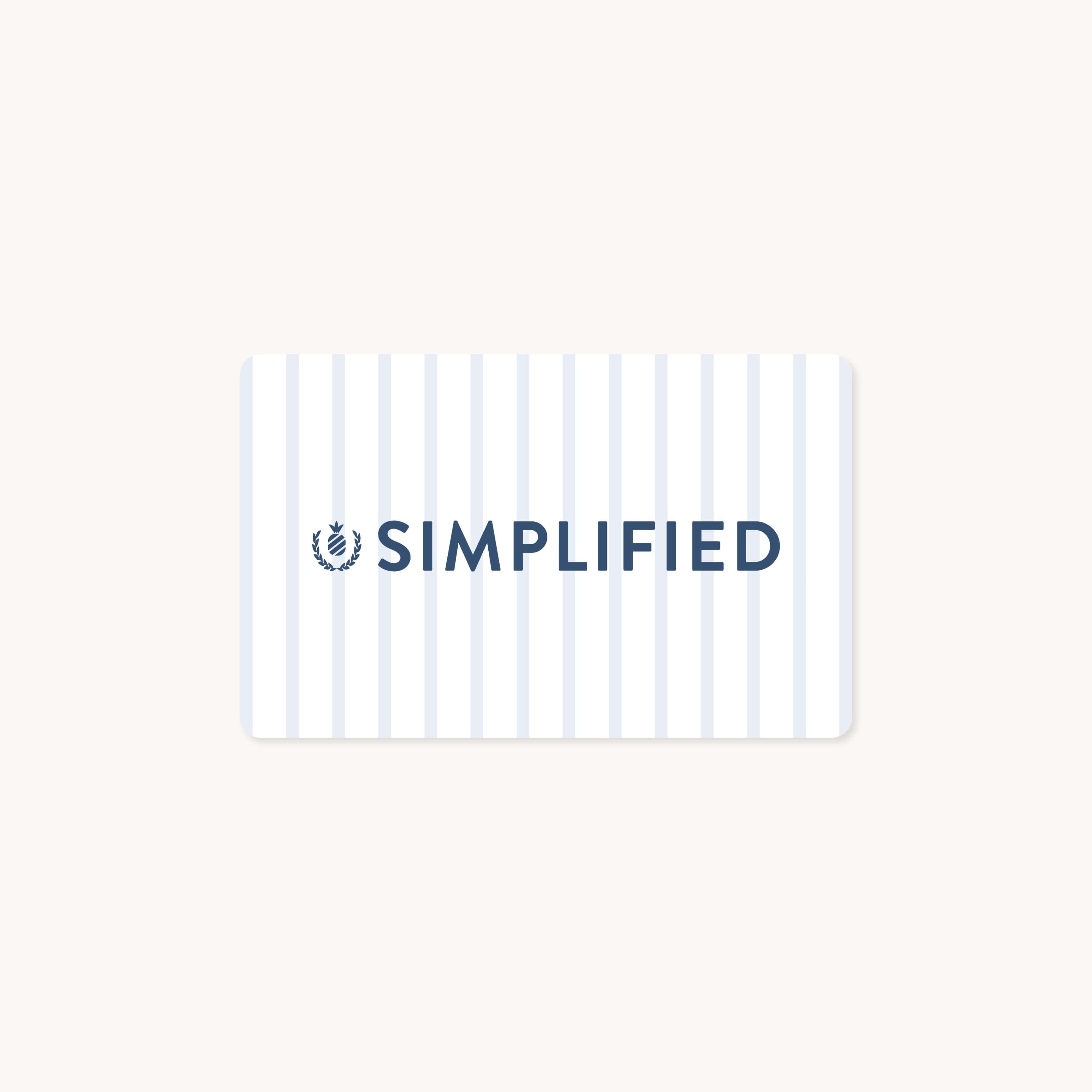 A business card with vertical light gray stripes on a white background features SIMPLIFIED in bold dark blue capitals next to a laurel wreath logo, ideal for those who value organizing and planning. To match, consider the Simplified Digital Gift Card for seamless gifting.