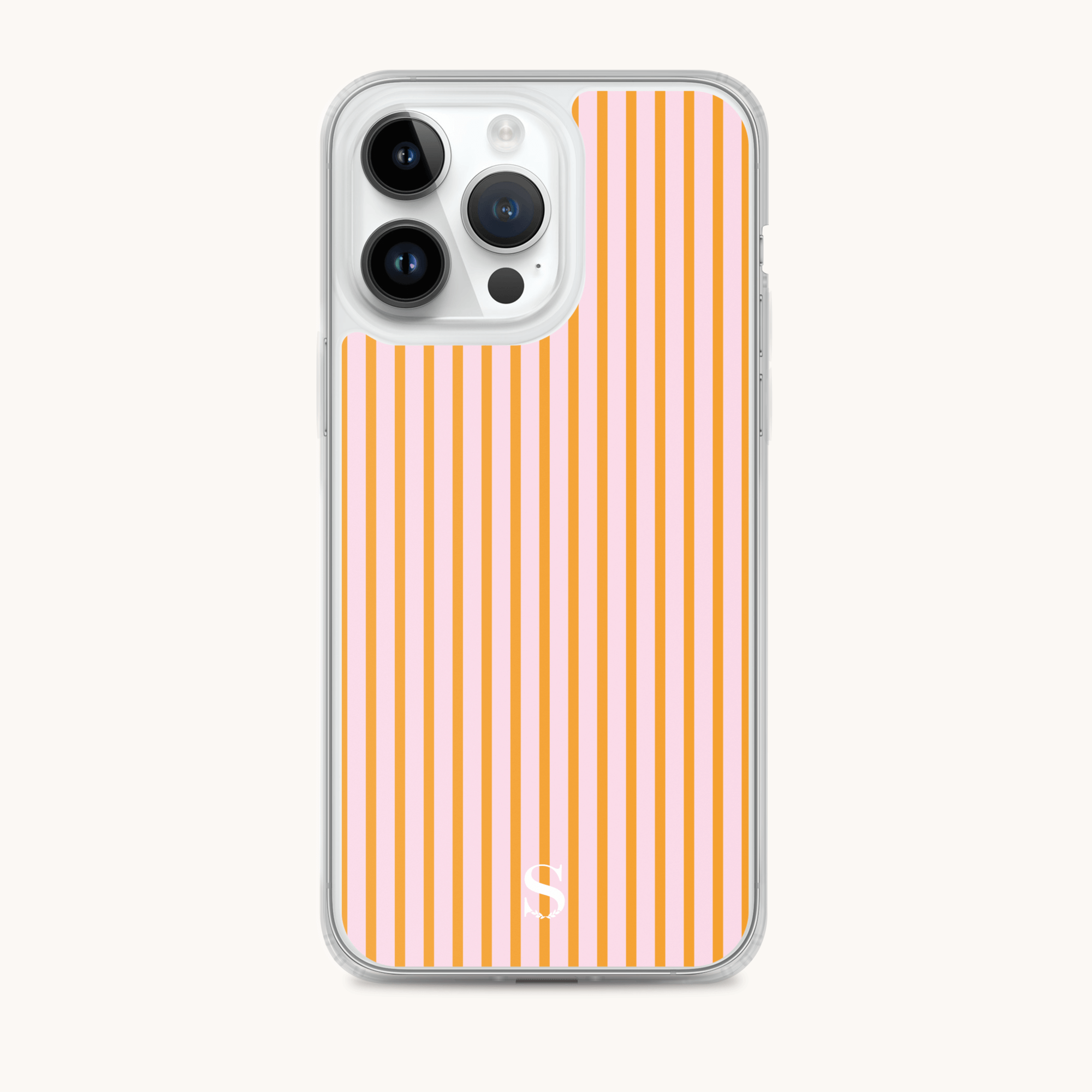 The iPhone Case - Cabana Pinstripe from Simplified is a chic clear case with vertical orange and pink stripes, featuring a small white S at the bottom. It protects both the back and edges while accommodating three camera lenses, blending protection with style.