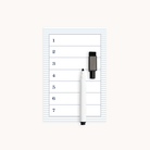 The Simplified Dry-Erase Magnet - To Do List features a striped blue and white notepad with seven blank lines. A white dry-erase marker with an eraser cap is placed diagonally across it, ready for use. The background is plain off-white.