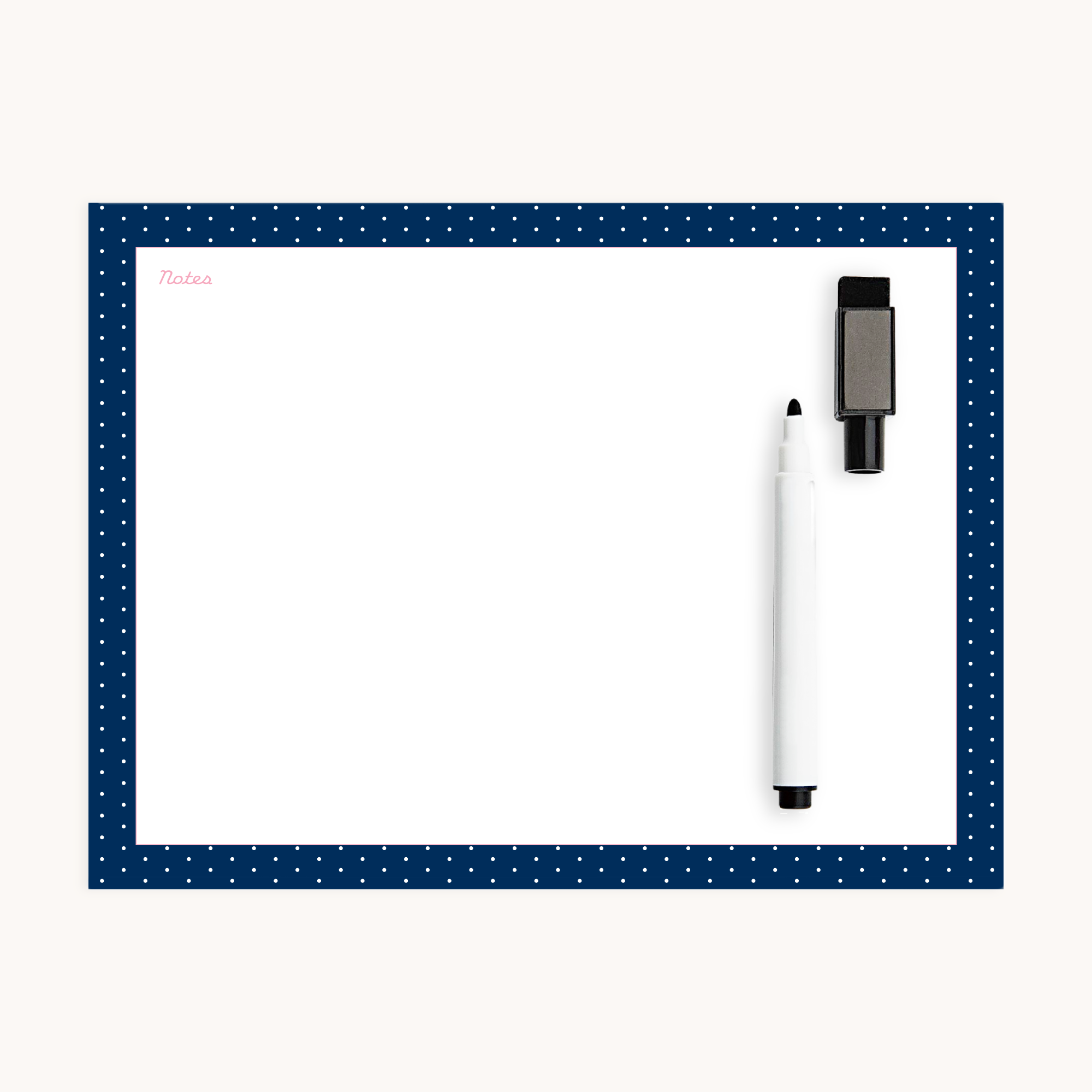 The Simplified Dry-Erase Magnet - Notes features a navy blue border with white polka dots and includes a dry-erase magnet. Notes is elegantly written in pink in the top left corner, while the attached black-tipped marker with an eraser cap is conveniently placed on the right side.