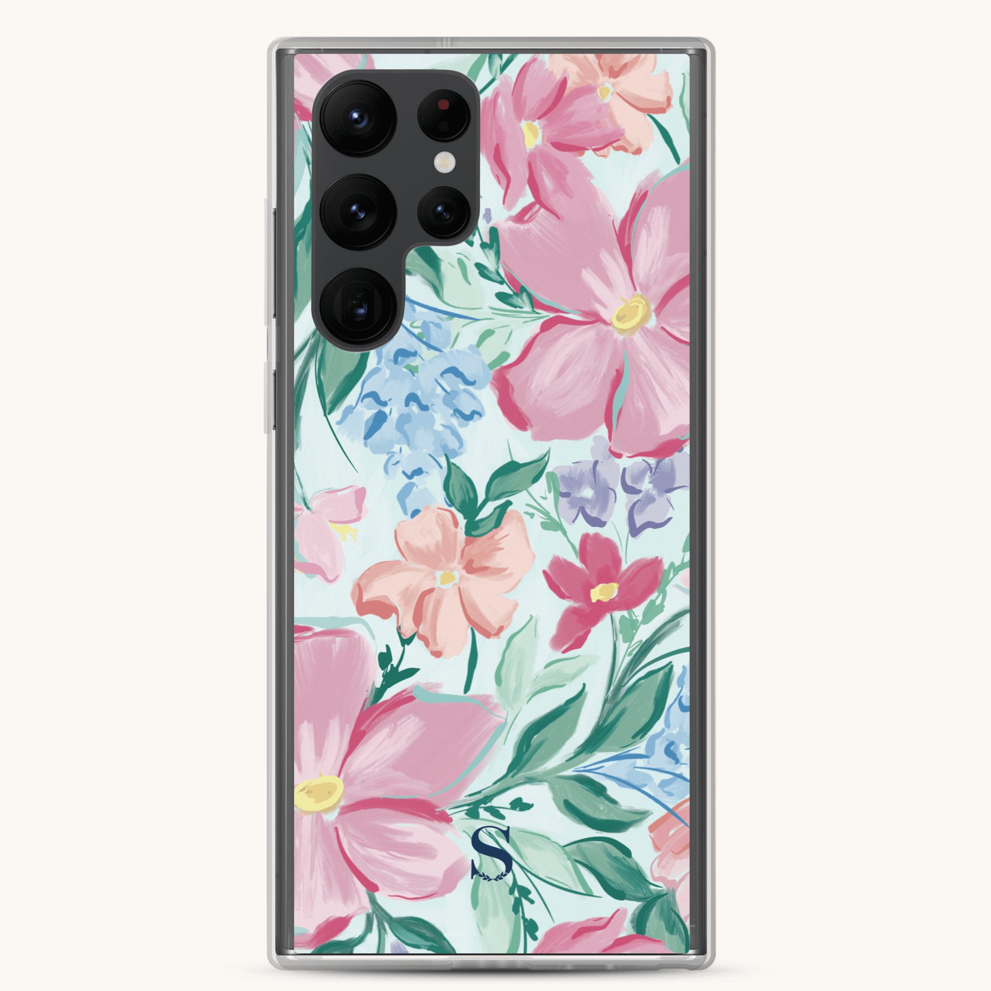 The Samsung Case - Blush Magnolia by Simplified features a stylish floral design with large pink and orange flowers, green leaves, and small purple and blue blossoms on a light background. It provides protection with four camera lens cutouts.