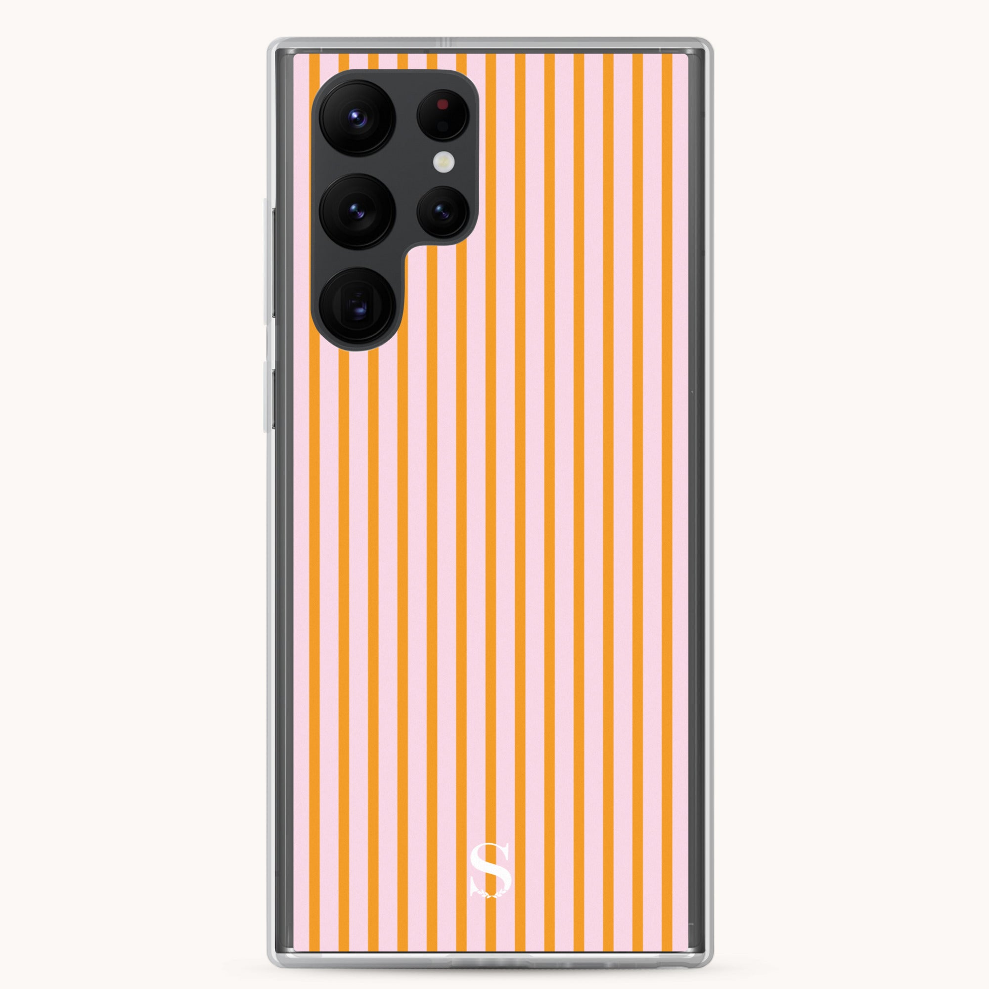 The Samsung Case - Cabana Pinstripe by Simplified combines style and protection with its striped orange and white design, a multi-lens camera layout in the top-left corner, and a prominent white S at the bottom center.