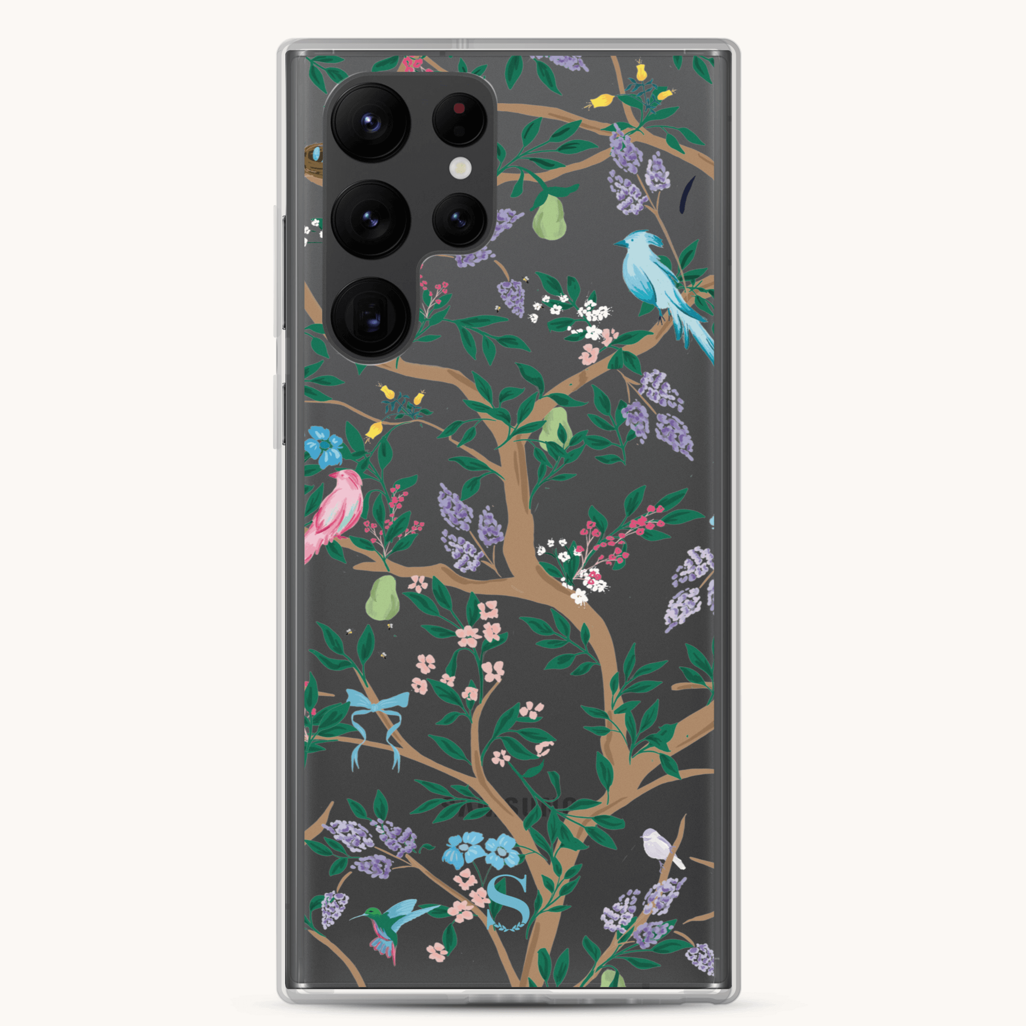 The Samsung Case - Midnight Chinoiserie by Simplified features a protective, transparent design showcasing a tree with green branches, colorful birds, flowers, leaves, and a pear against a gray background.