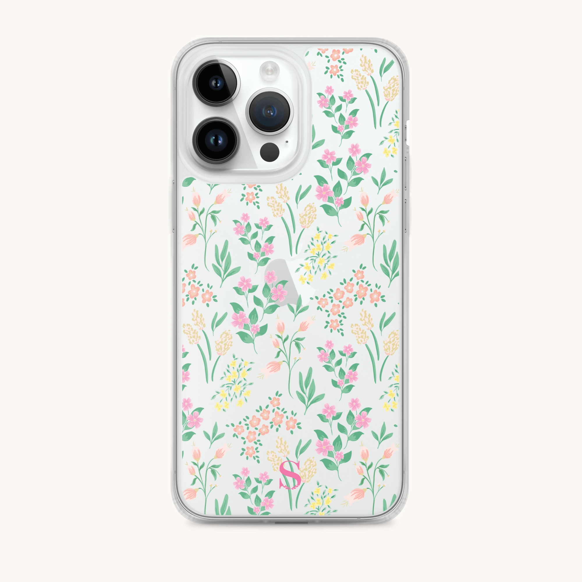 The iPhone Case - Golden Hour by Simplified features a floral-patterned design with pink, yellow, and green flowers on a white background. It combines elegance and functionality effortlessly while protecting your smartphone with style.