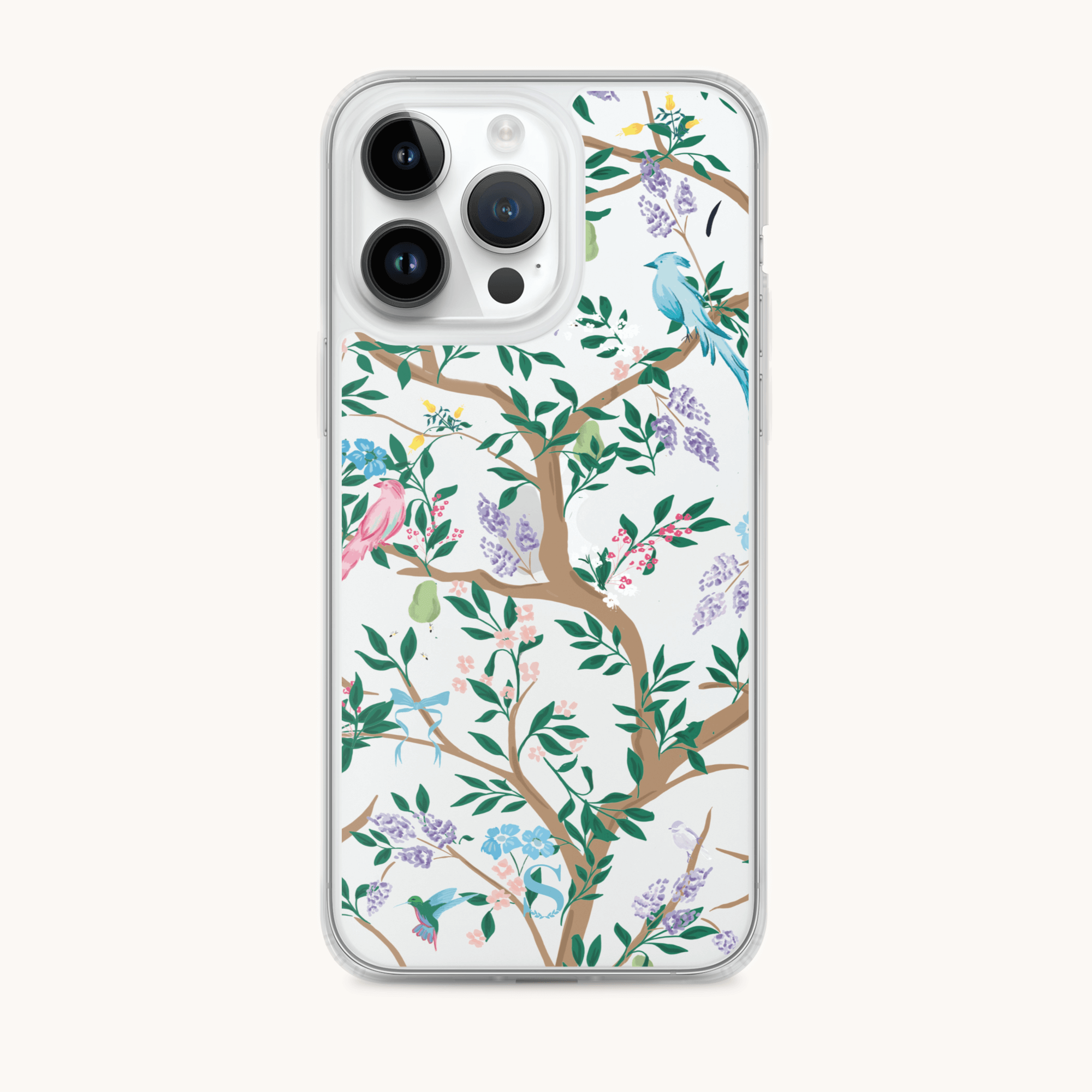 The iPhone Case - Midnight Chinoiserie by Simplified features colorful birds and butterflies on branches with green leaves and purple flowers. The white background accentuates the detailed design, making this stylish accessory both beautiful and practical for phone protection.